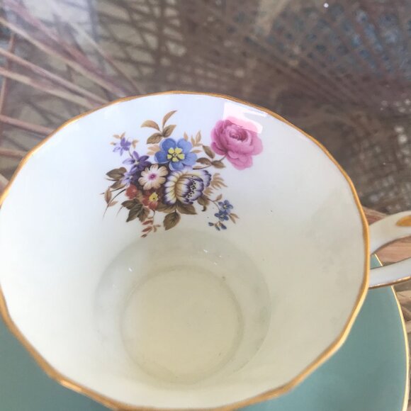 AYNSLEY RARE TEA CUP & SAUCER TEAL COLOR GOLD RIM - Picture 2 of 8